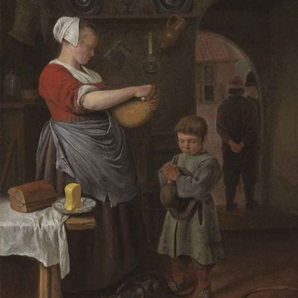 Boy praying before, receiving bread from a kitchen maid cutting cheese